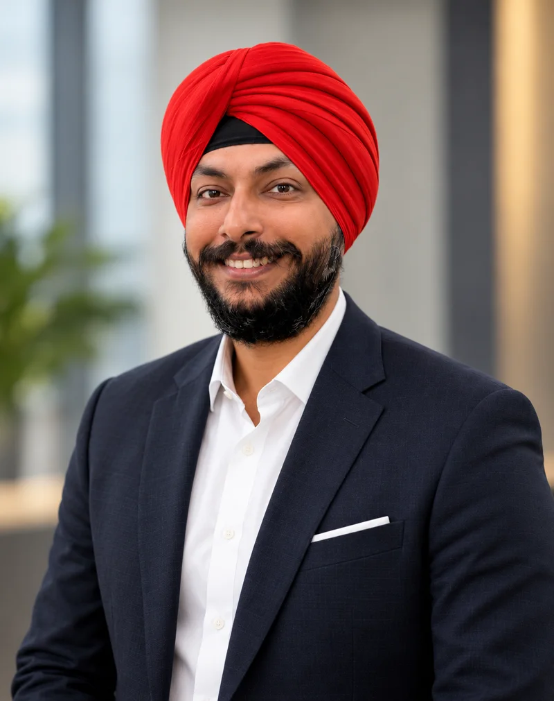 Baldeep Singh Kwatra, wearing a red turban and navy suit